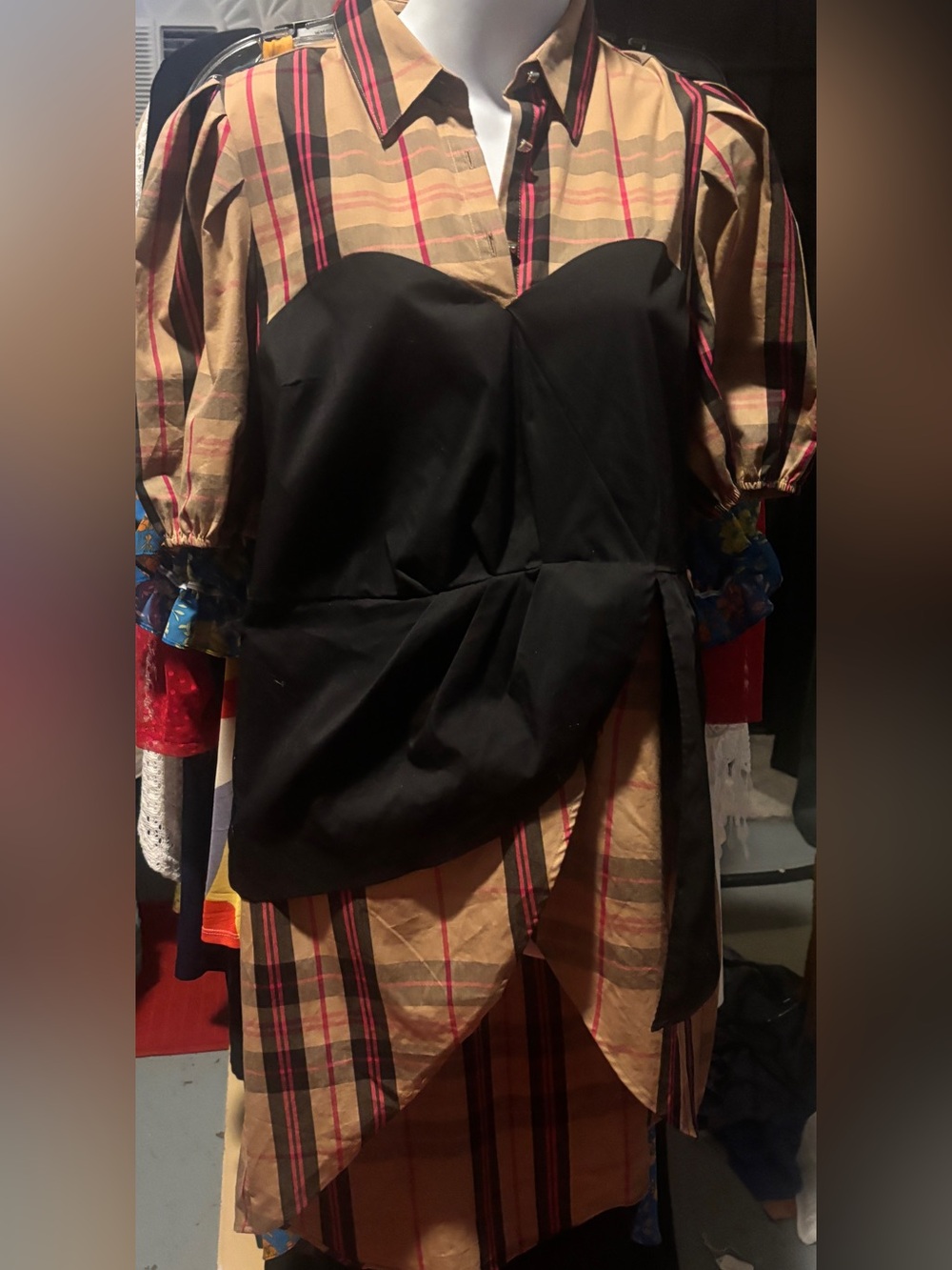 Asymmetrical Plaid Shirt Top with Black Overlay